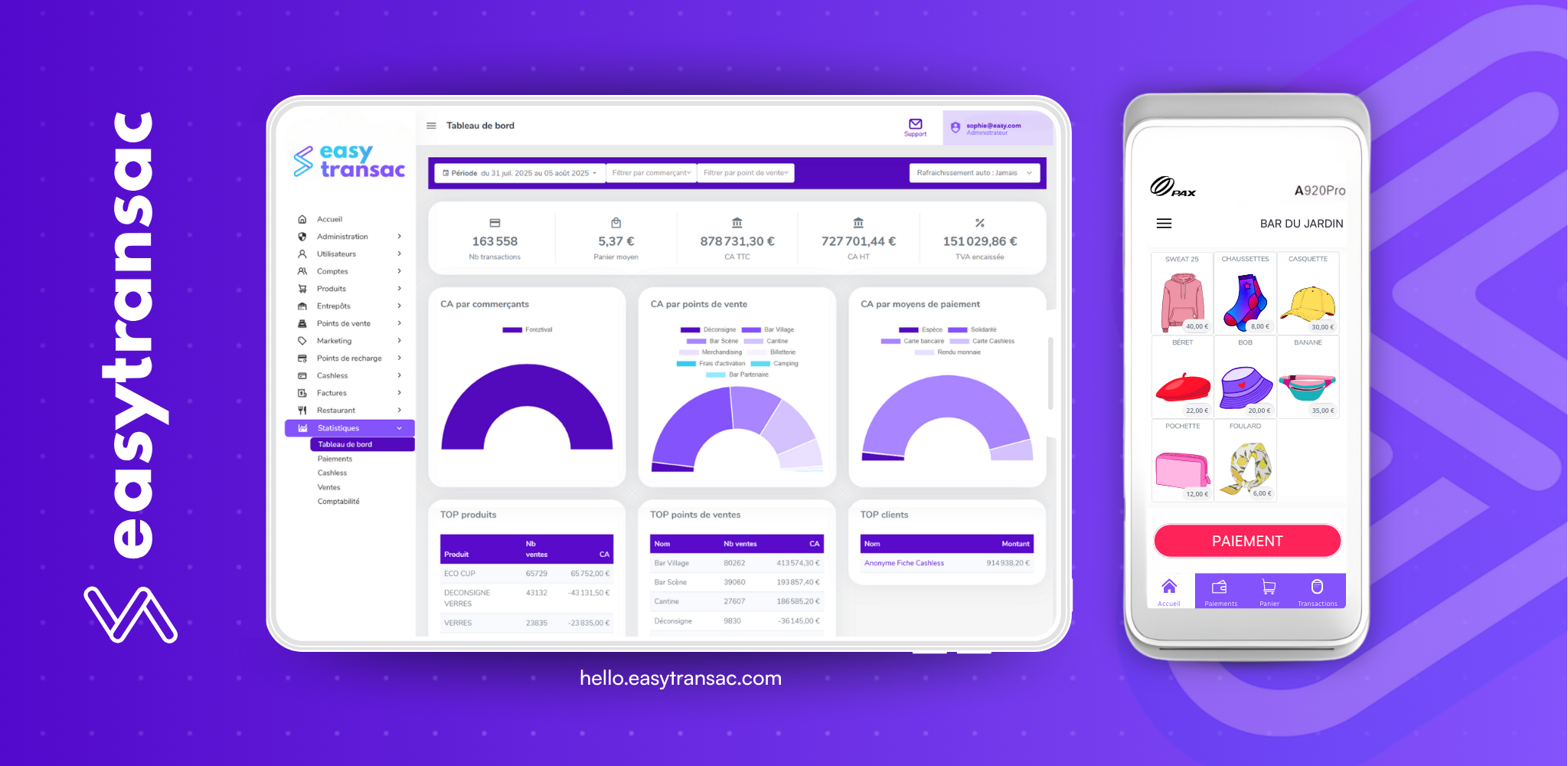 Logiciel de caisse Easytransac avec tableau de bord statistiques et terminal de paiement PAX pour encaisser facilement en point de vente.