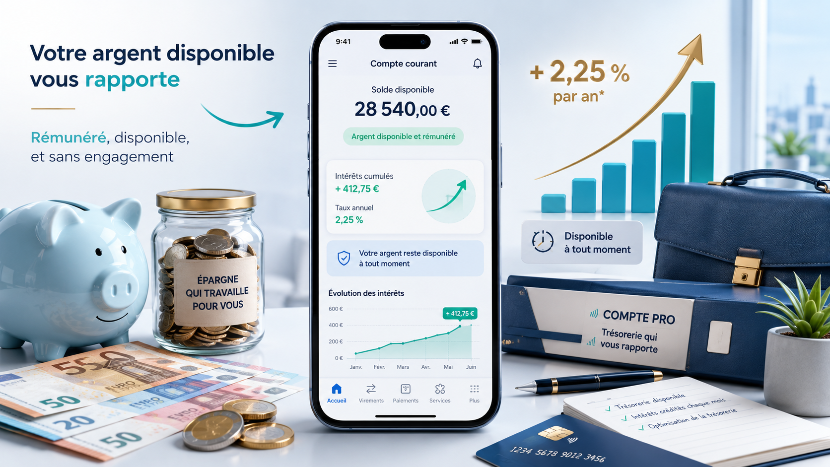 Compte rémunéré avec argent disponible générant des intérêts pour particuliers et professionnels